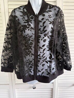 Chicos Black Lace Bomber Jacket. Size 3